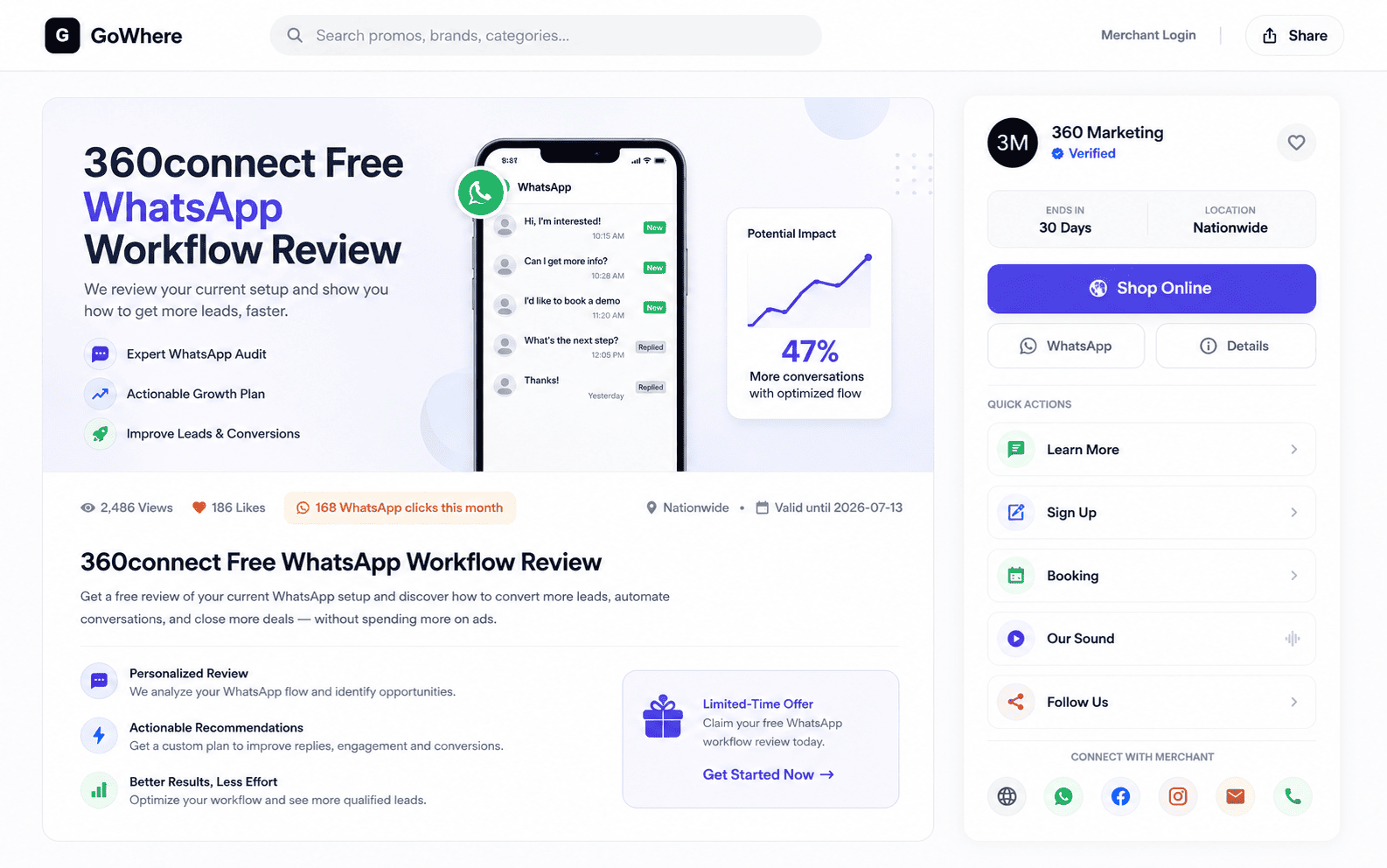 GoWhere customer promo page and merchant action hub